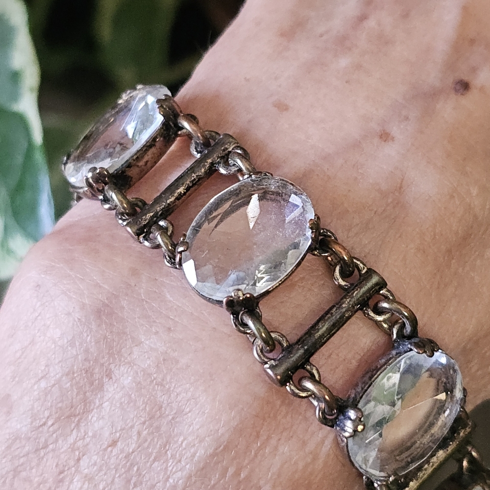J.Crew Statement Bracelet Clear Crystal Glass Stones Antique Brass Setting 7"